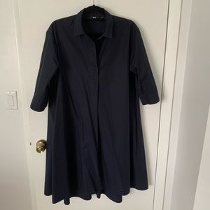 Navy blue, swing dress, placket front, 3/4 sleeves, collar, make is UNI QLO